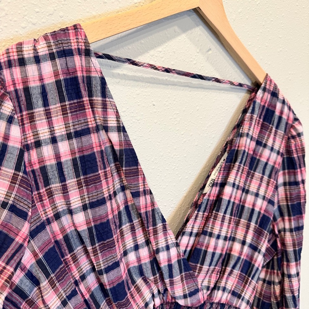Zara Plaid Crop Top Women Medium Pink Smocked Balloon Sleeve Preppy Cottage Boho - Picture 8 of 12